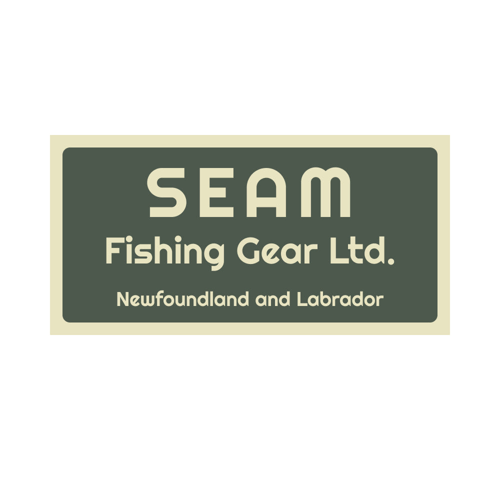 Logo of SEAM Fishing Gear Ltd. sticker on a green background (global)