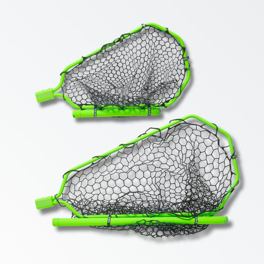 Two different sized bright green landing nets for fly fishing