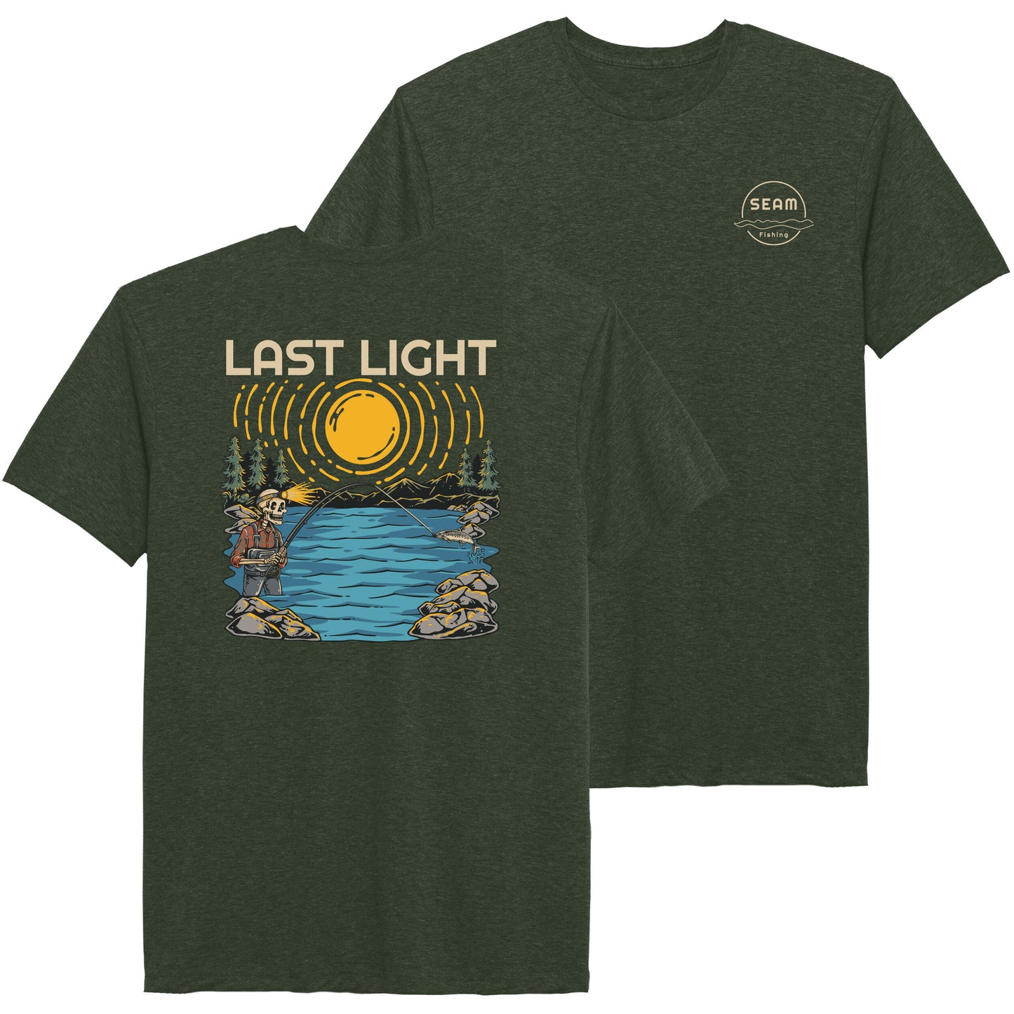 Green t-shirt with 'Last Light' graphic design on a white background. (global)