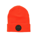 Hunter orange beanie with a black seam patch (global).