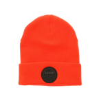 Hunter orange beanie with a black seam patch (global).