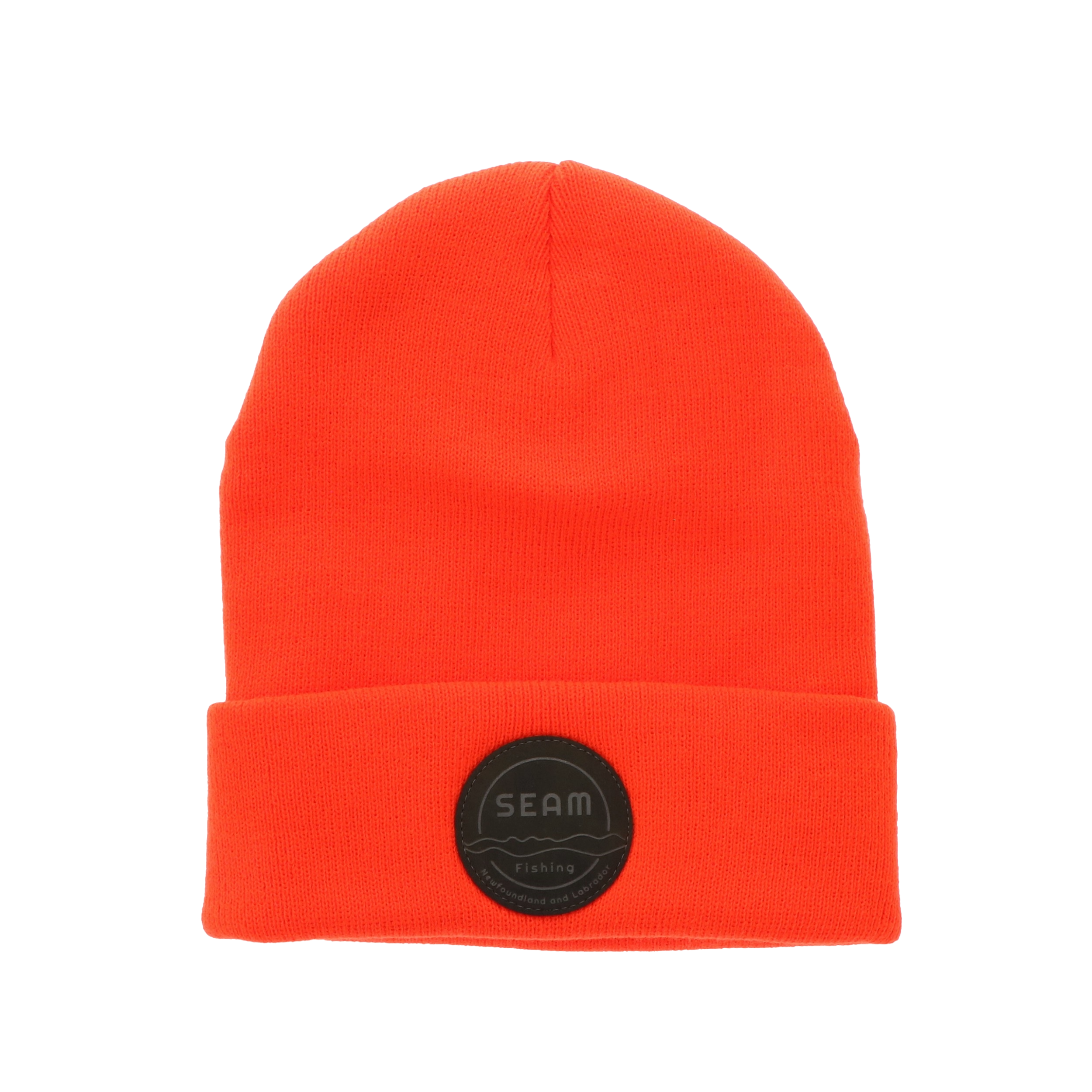 Hunter orange beanie with a black seam patch (global).