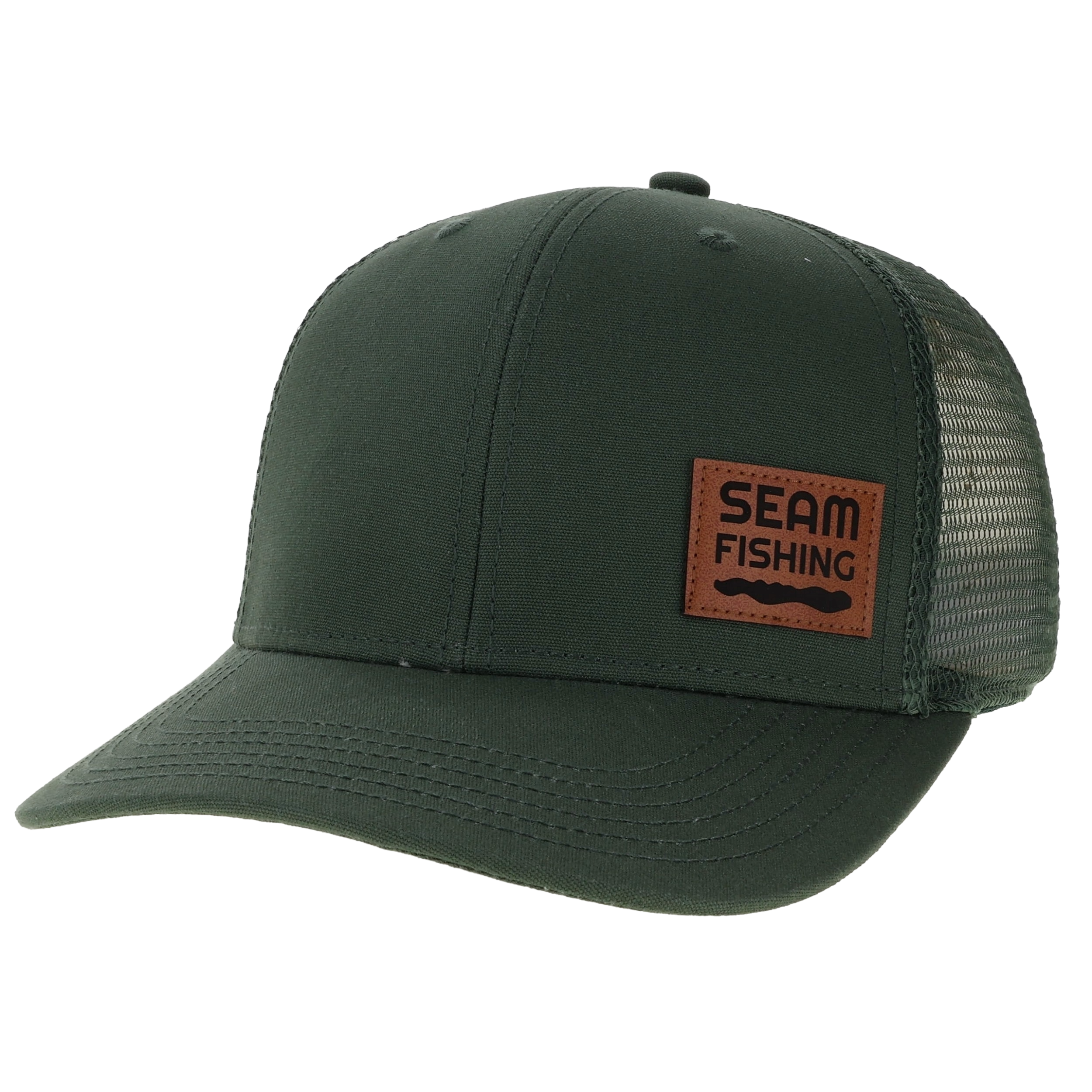 Green fishing cap with a brown patch labeled 'Seam Fishing' (global)
