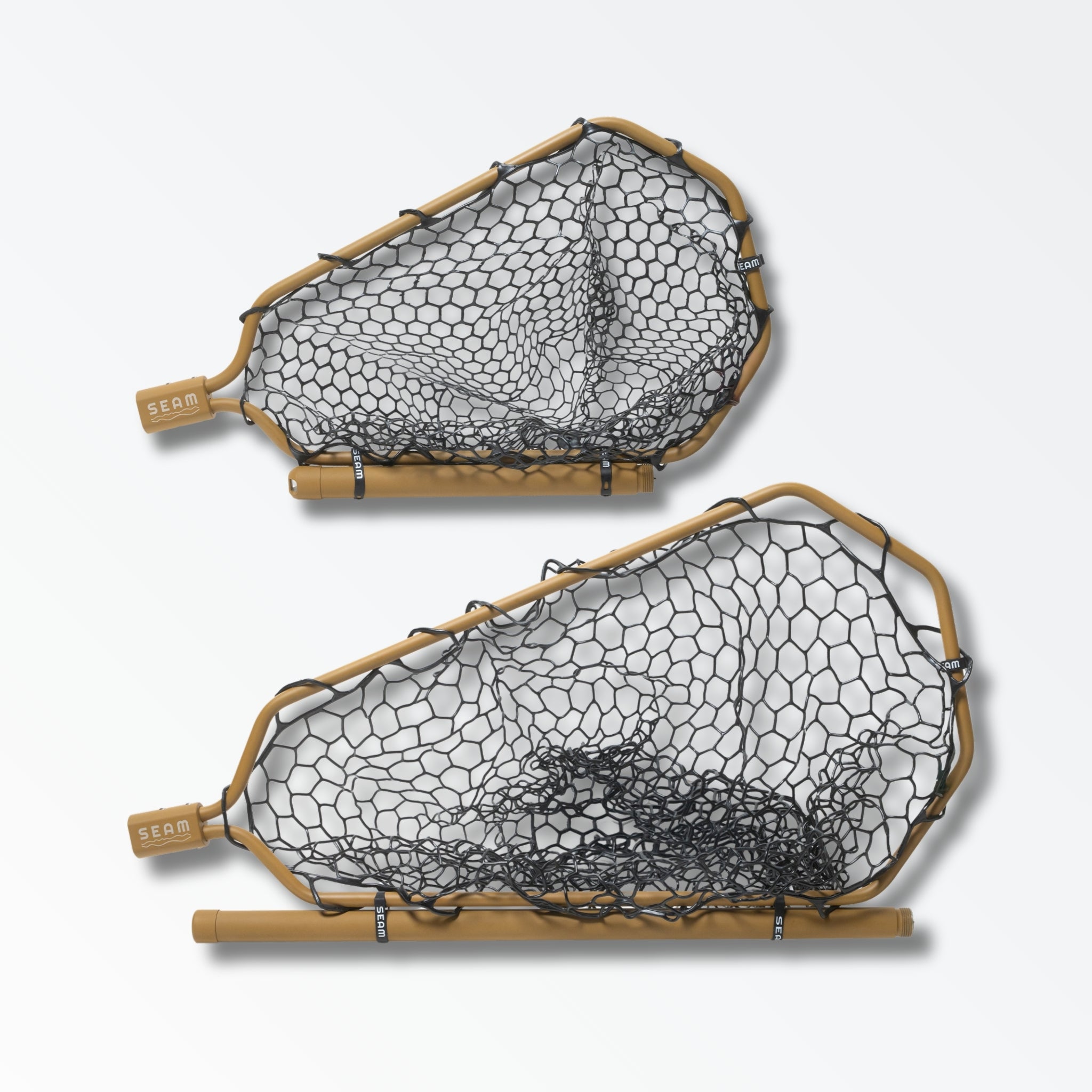 Two different sized light brown landing nets for fly fishing