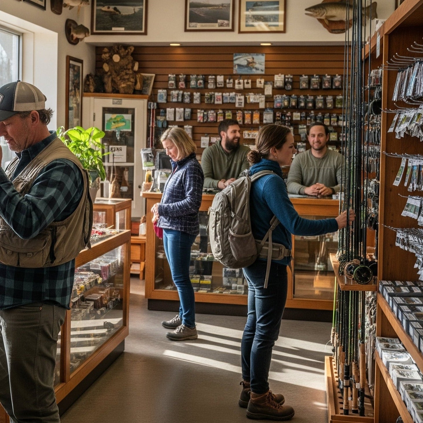 People shopping in a fly shop with various fly fishing gear on the shelves