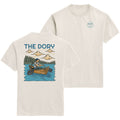 heather white-shirt with a graphic of a person in a boat and 'The Dory' text on the front (global).