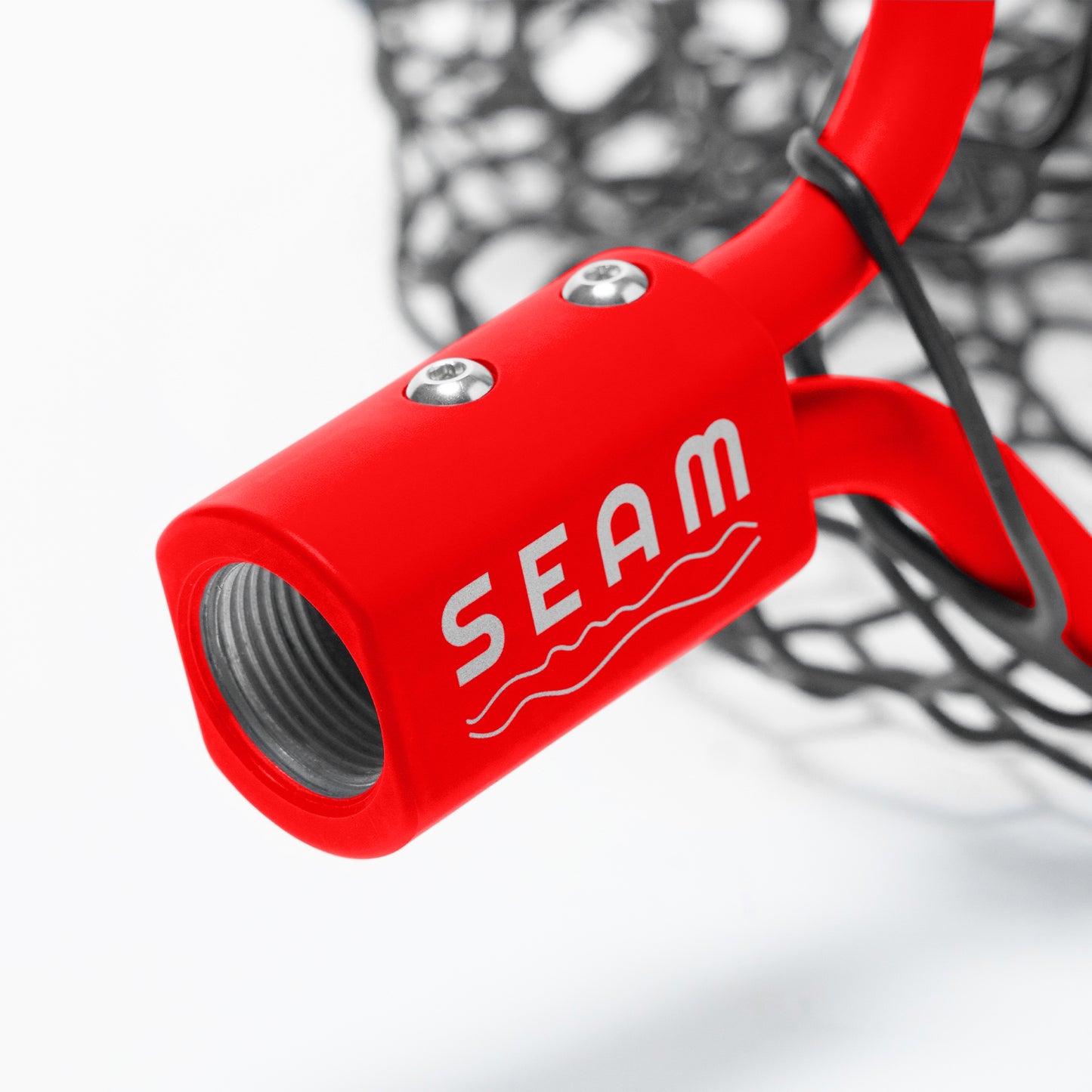 Red fishing net handle with 'SEAM' branding on a white background