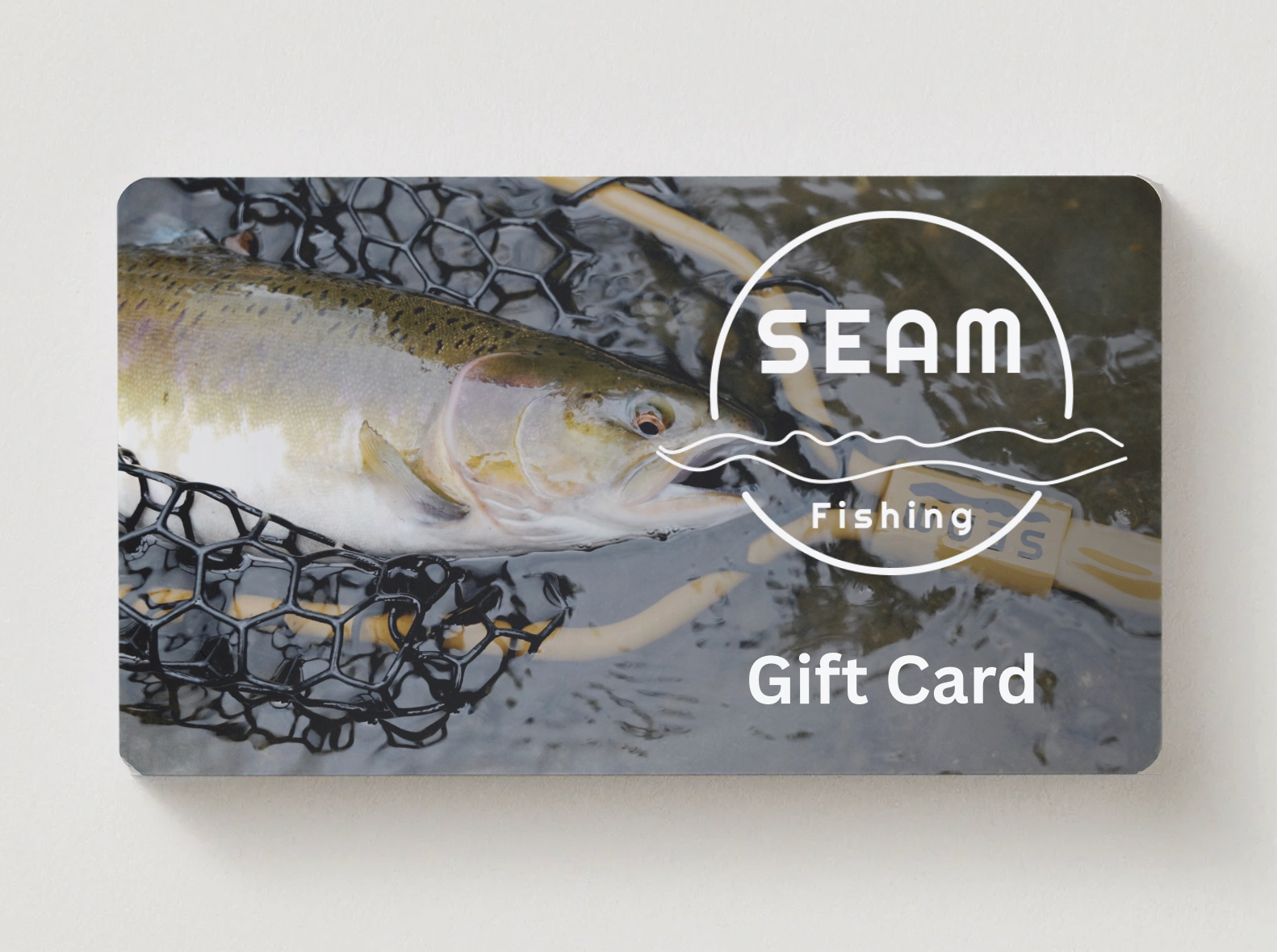 Gift card with a fish and 'SEAM Fishing' logo on a gray background (global)