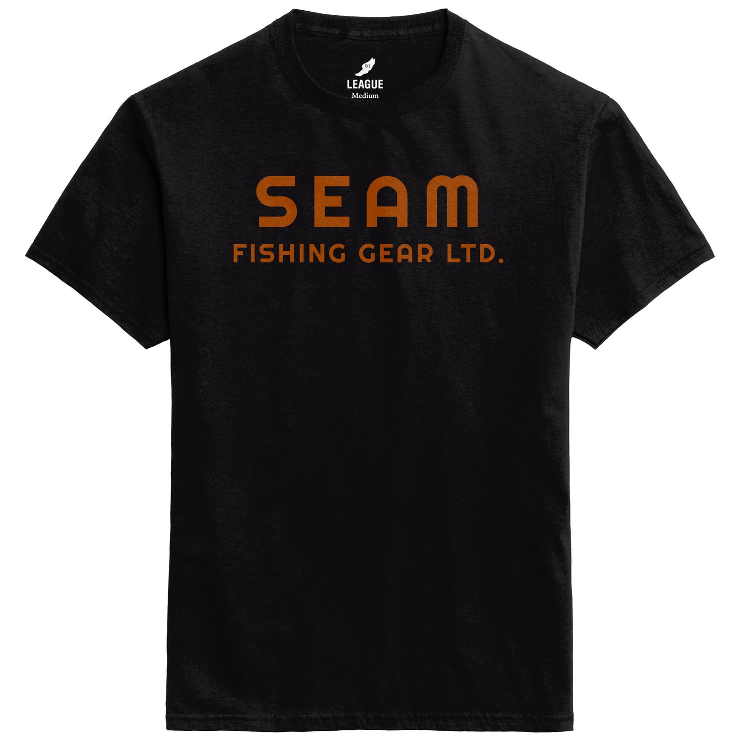 Black t-shirt with 'SEAM FISHING GEAR LTD. orange logo (global)