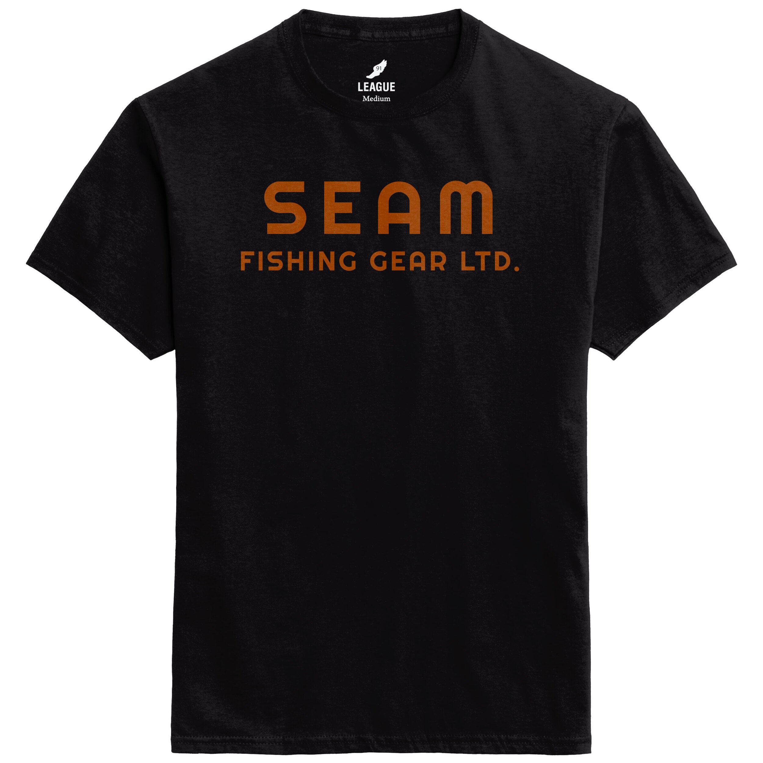 Black t-shirt with 'SEAM FISHING GEAR LTD. orange logo (global)