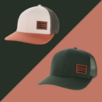 Two caps with 'Seam Fishing' logo on a black and brown gradient background (global)