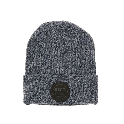 Gray beanie with a black seam patch (global)